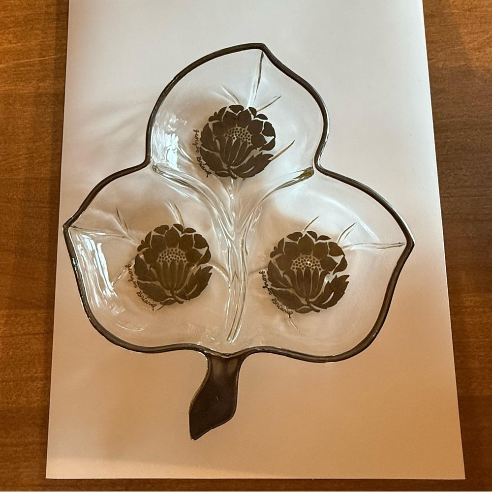 Georges Briard Silver-Edged Divided Glass Leaf Dish